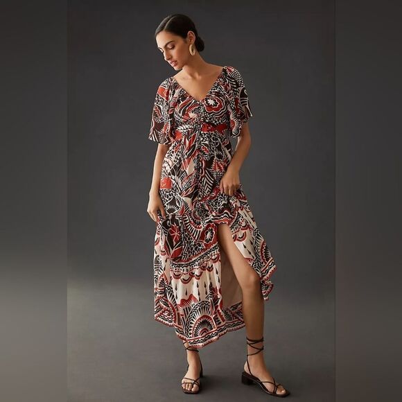 Anthropologie Tiered Maxi Dress In Red Motif Size Extra Small NWT - Picture 1 of 13